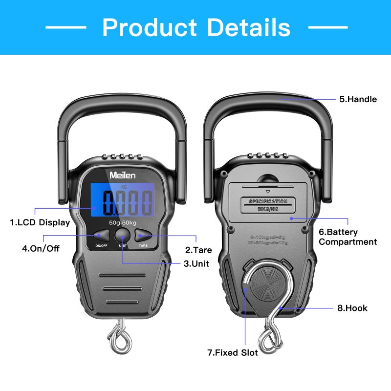 Meilen Luggage Scale, 110lb/50kg Luggage Weight Scale with Backlit LCD Display, Digital Fish Scale with Measuring Tape Portable Hanging Scale Suitcase Scale with Handle & Large Hook & 2 AAA Batties - Image 4